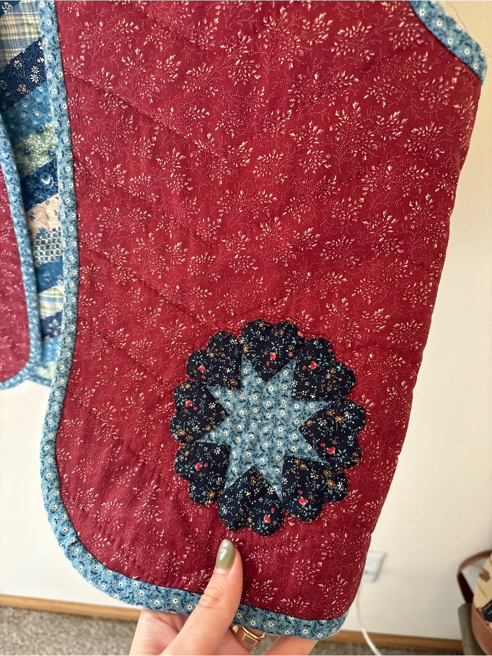Handmade Reversible Quilted Red Patterned Vest with Blue Trim - Picture 2 of 5